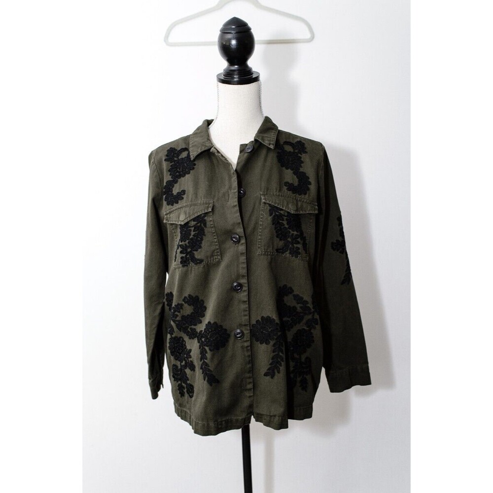 Lucky Brand Army Green Embroidered Button Front Shirt Jacket Sz M